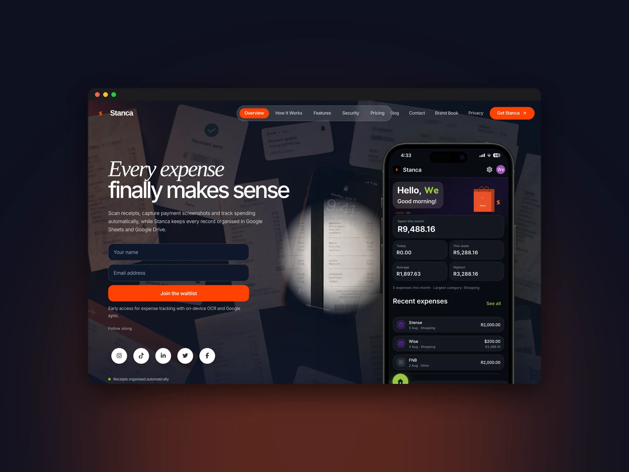 The Stanca website hero with the waitlist form and the app on a phone